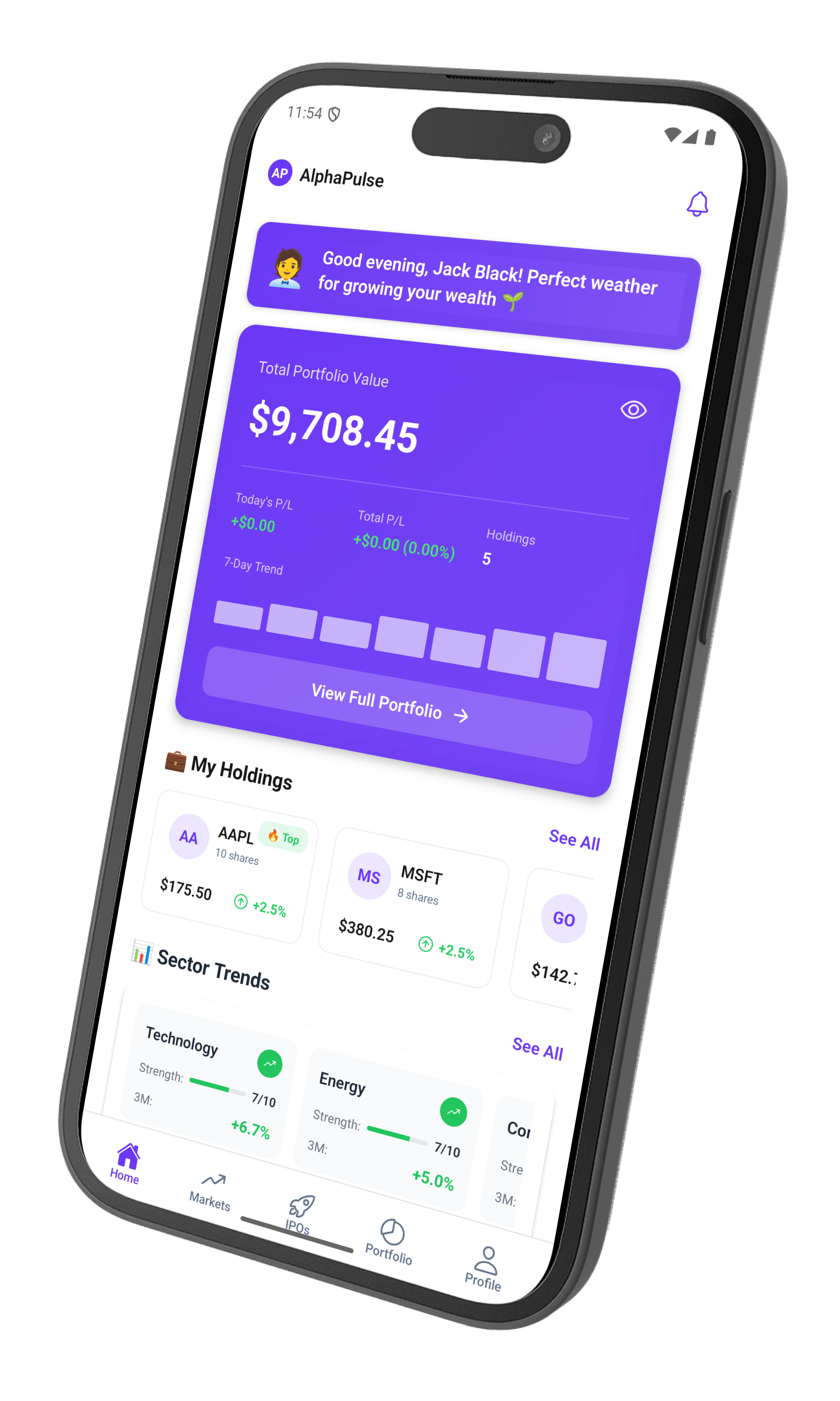 AlphaPulse dashboard showing AI-powered market analysis and insights