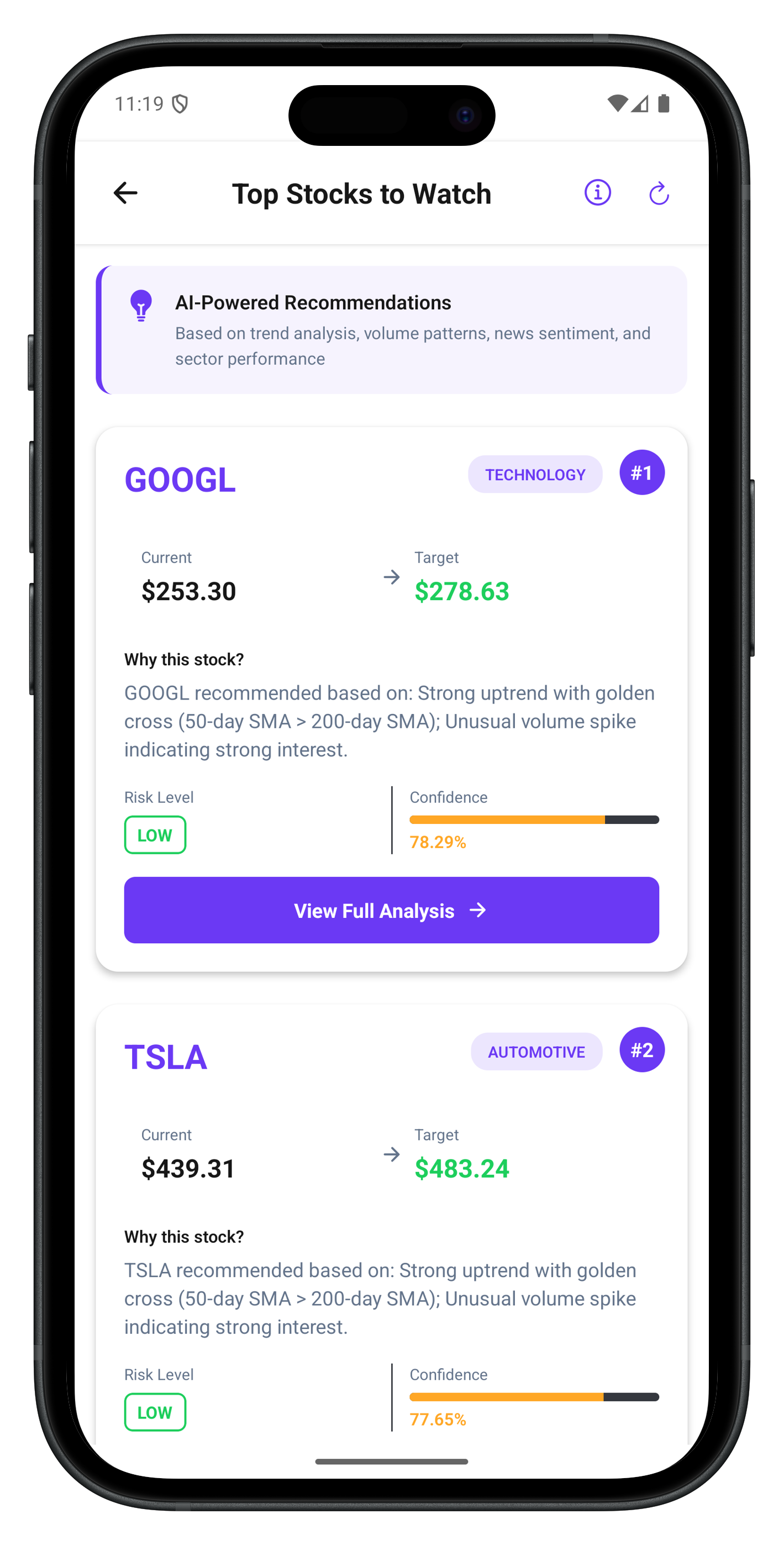 AlphaPulse mobile app displaying market sectors and top performers
